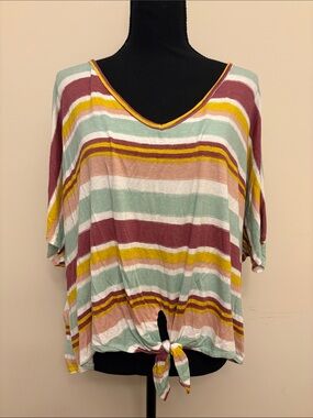Acting Pro Striped V-Neck Tie-Front Top in Mint, Mustard & Mauve Size 2X